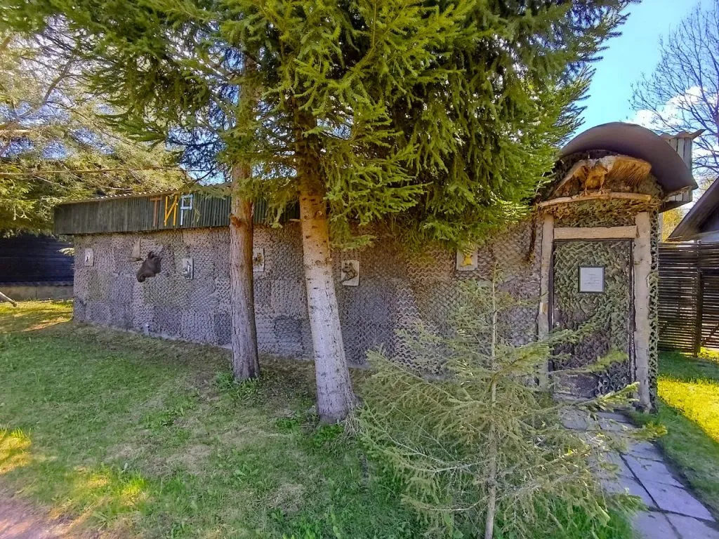 Укромный арт-отель в Подмосковье среди деревьев, с декоративной каменной стеной и уютной входной зоной, идеально подходит для спокойного отдыха на природе.