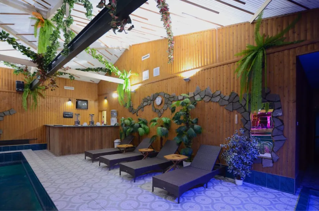 Комфортабельная зона отдыха в арт-отеле VE Art Resort, relaxing atmosphere с шезлонгами, зеленью и декоративным каменным украшением, стильный дизайн в деревянном стиле подмосковного отеля.