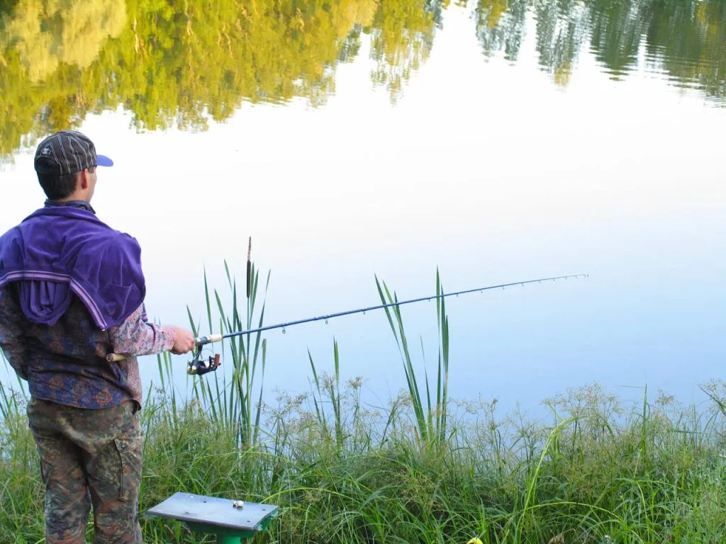 Ребенок, ловящий рыбу на реке среди зелени в природной обстановке. Восхитительный отдых на природе, рыбалка и семейное время в живописном месте Подмосковья.