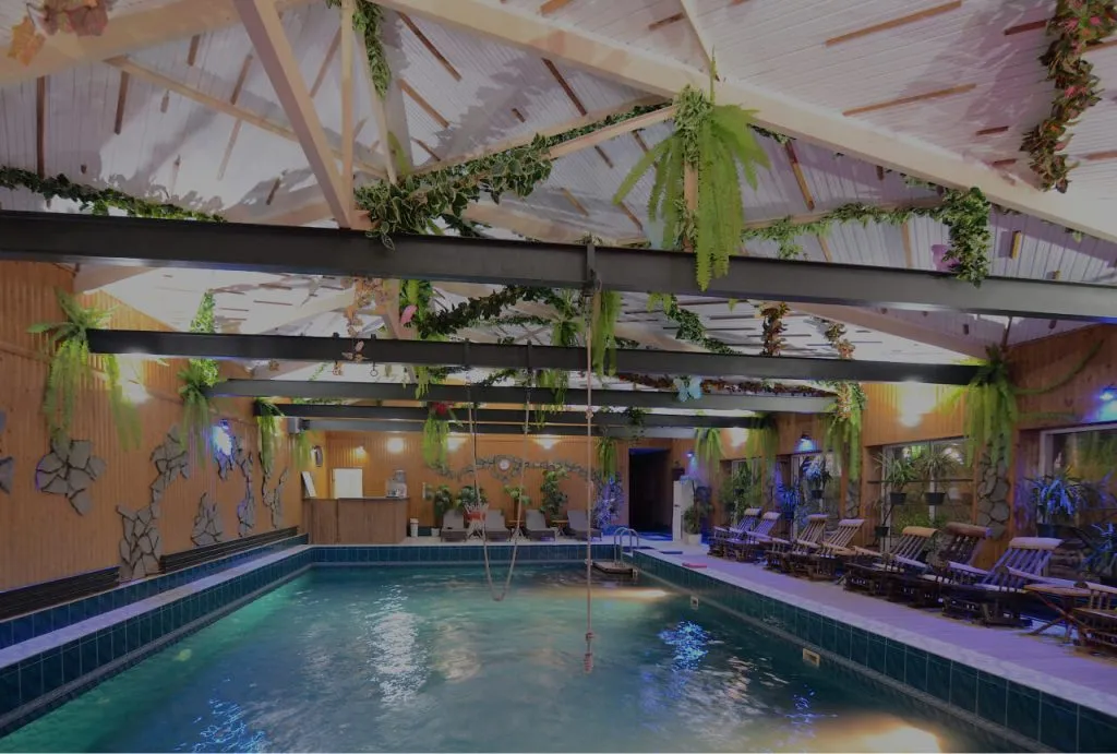 Уютный бассейн внутри отеля с зелеными растениями и комфортными loungers, идеальное место для отдыха и релаксации в Подмосковье.
