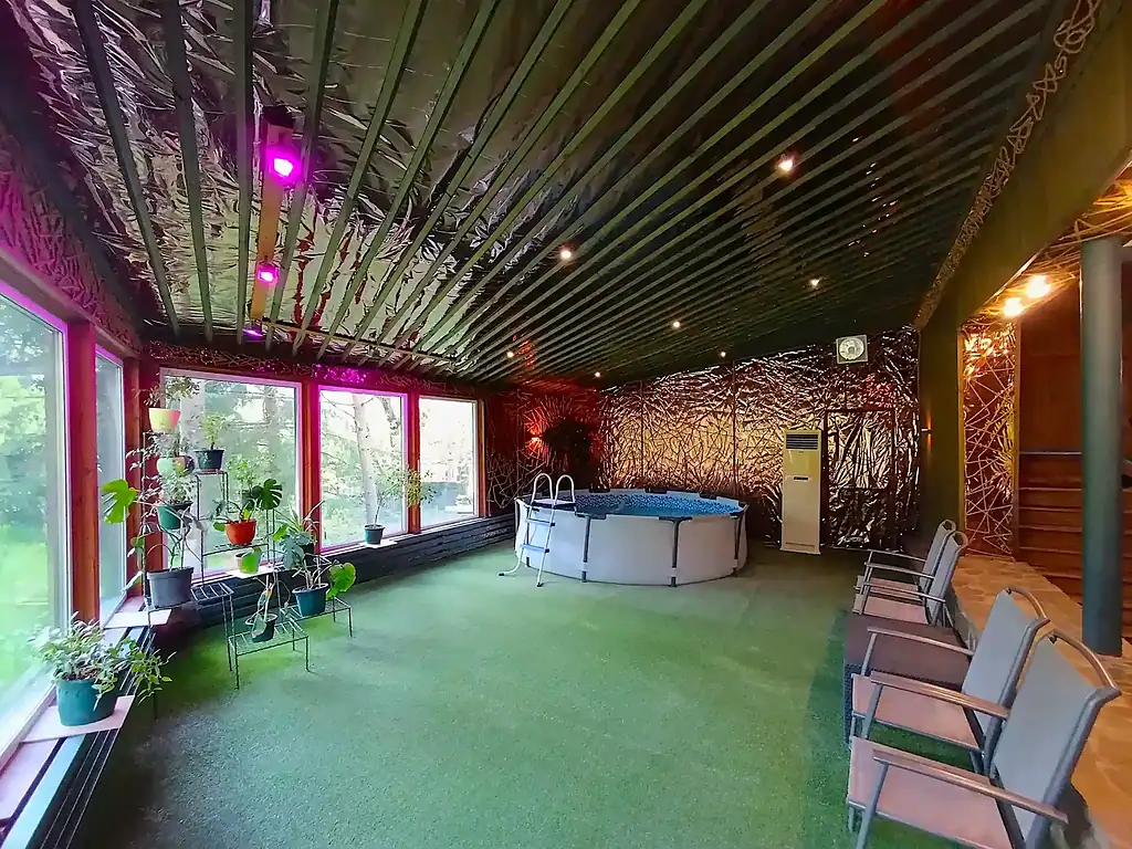 Релакс-зона с джакузи и зеленым ковром, окруженная большими окнами и растениями, создает уютную атмосферу для отдыха в экологическом арт-отеле в Подмосковье.