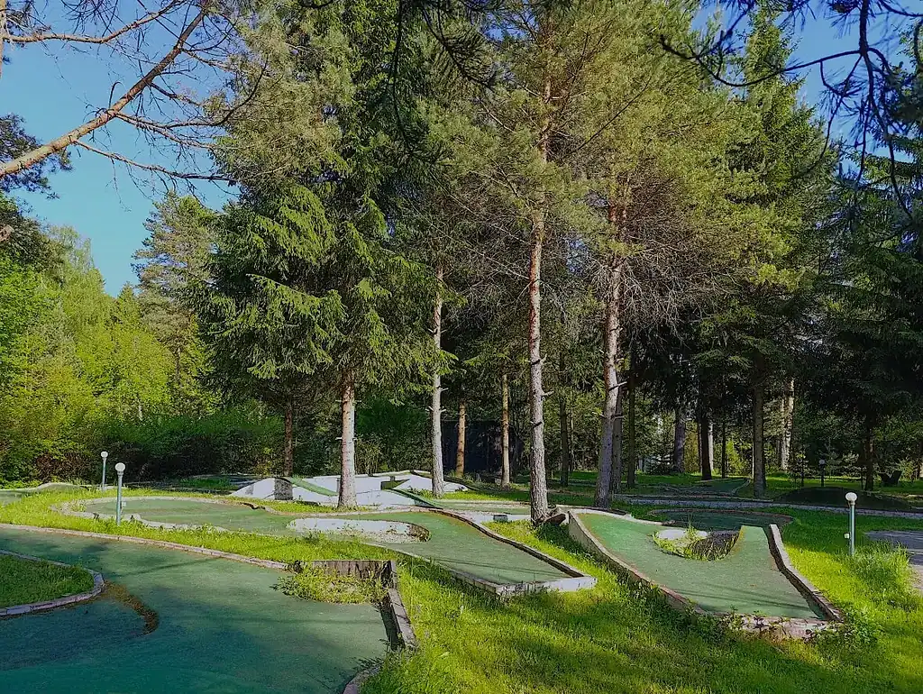 Мини-гольф в лесу на территории ВЕ Art Resort, окружённом зеленью и деревьями, идеальное место для отдыха и развлечений в Подмосковье.