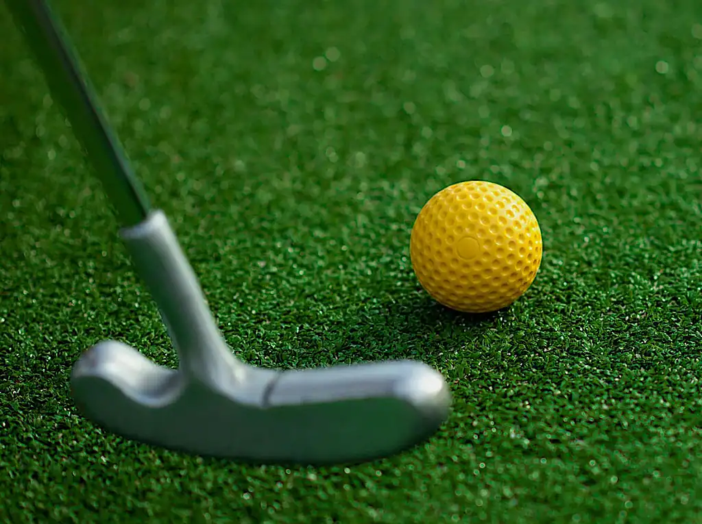 Детальный снимок гольф-клуба и мячика на искусственном газоне для гольфа.