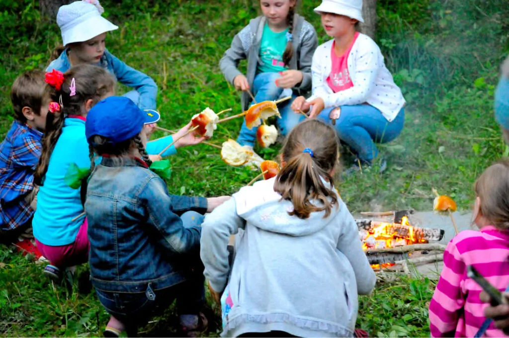 Фотография группы детей у костра на природе, они жарят маршмеллоу и общаются в окружении зелени.