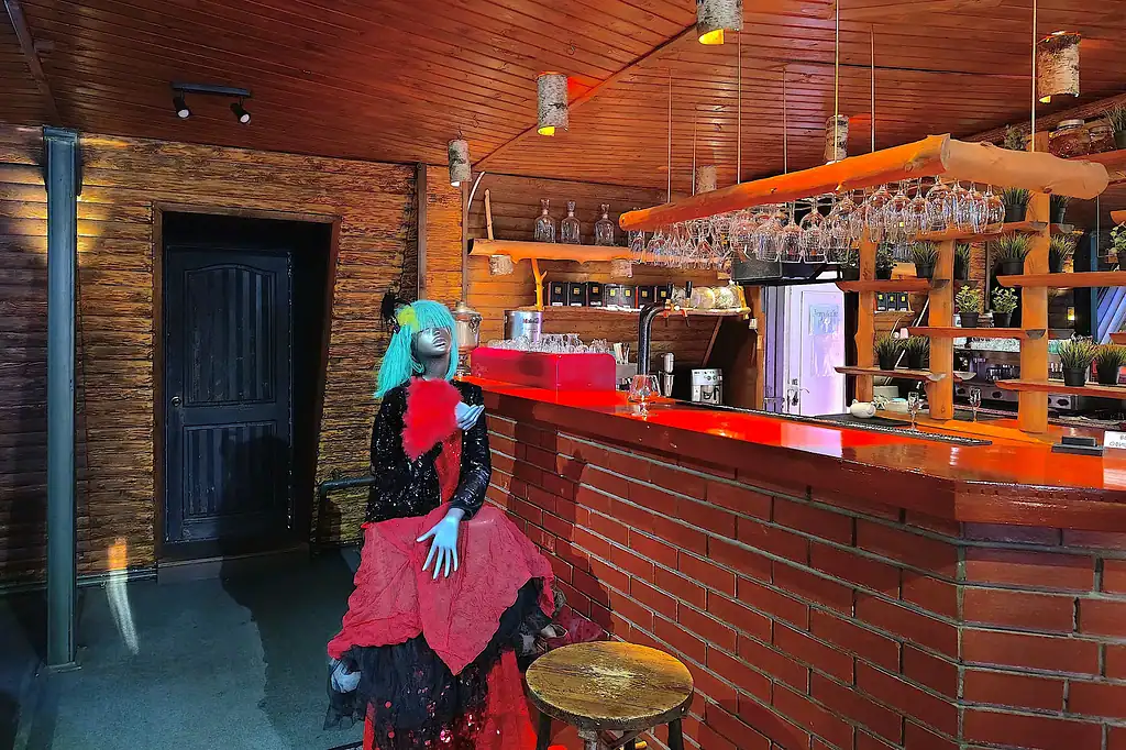 Ресторан в стиле деревенского бара с деревянными полками, барной стойкой из кирпича, современными светильниками и декором в стиле арт-отеля VE Art Resort, создающий уютную атмосферу отдыха.