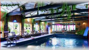 Уютный бассейн с зеленью и уютной атмосферой в VE Art Resort, Подмосковье. Комфортабельные зоны отдыха, живописные окна и природные элементы создают идеальное место для релаксации.